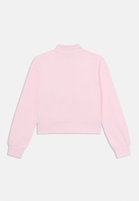 Lyserød cropped sweatshirt med høj krave, lange ærmer og ribbede manchetter. Glat tekstur, minimalistisk design, ingen synlige logoer eller dekorationer.