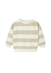 Beige and cream striped sweatshirt with a round neckline, oversized sleeves, and ribbed cuffs, made from soft cotton material.