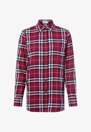 Red plaid flannel shirt with long sleeves, button-down front, collar, chest pocket, and contrasting white, black, and yellow grid patterns.