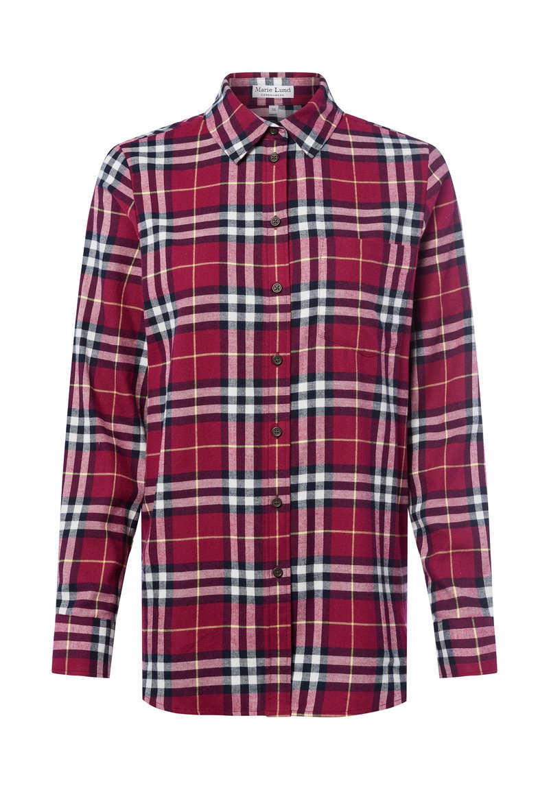 Red plaid flannel shirt with long sleeves, button-down front, collar, chest pocket, and contrasting white, black, and yellow grid patterns.