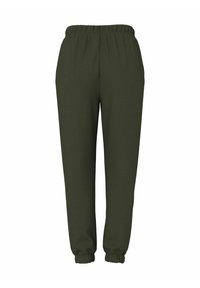 Oliwkowe spodnie dresowe wykonane z miękkiego materiału, z elastycznym pasem, bocznymi kieszeniami oraz elastycznymi mankietami przy kostkach.