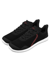 Black athletic shoes with mesh upper, black laces, white outsole, and red accents. Sleek design for comfort and support.