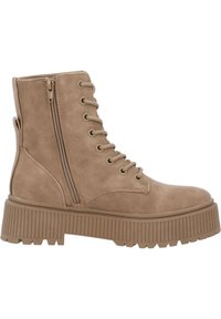 Botas de tobillo de ante en color beige con suela de plataforma gruesa, que cuentan con cierre de cordones en la parte frontal, cremallera lateral y textura acanalada en la suela.