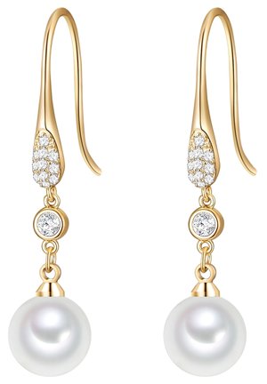 Gouden oorbellen met een cluster van kleine diamanten en een ronde, glanzende witte parel aan de onderkant. Smakelijk en elegant ontwerp.