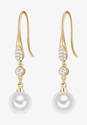 Goldene Tropfenohrringe mit einem Cluster aus kleinen Diamanten und einer runden, schimmernden weißen Perle am Ende. Elegantes und geschmeidiges Design.