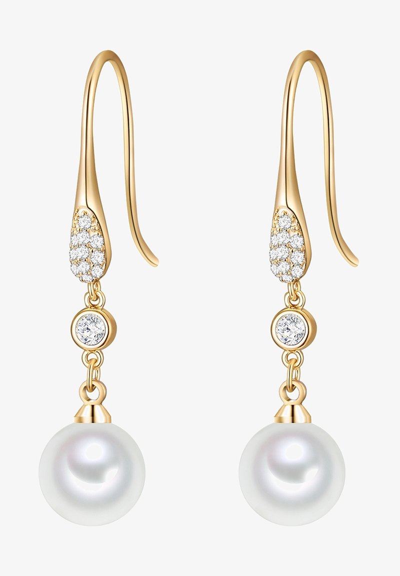 Aukso lašelinės auskarai su mažų deimantų kupolu ir apvalia, blizgia baltąja perla apačioje. Lygus ir elegantiškas dizainas.