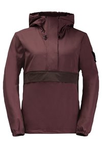 Veste à capuche bordeaux, dotée d'une ceinture marron foncé et de poignets élastiques, fabriquée en tissu lisse et léger.