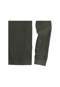 Grünes Langarmshirt aus strukturiertem Baumwollstoff mit einem gerippten Halsausschnitt und Bündchen. Der Stoff hat ein dezentes, weich gewaschenes Aussehen.