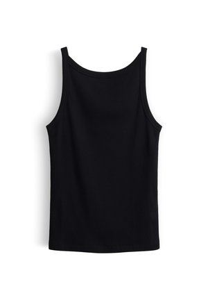 Zwart geribd tanktopje met brede schouderbanden en een ronde halslijn, plat weergegeven op een witte achtergrond.