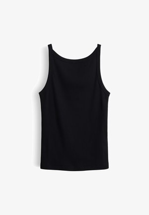 Zwart geribd tanktopje met brede schouderbanden en een ronde halslijn, plat weergegeven op een witte achtergrond.