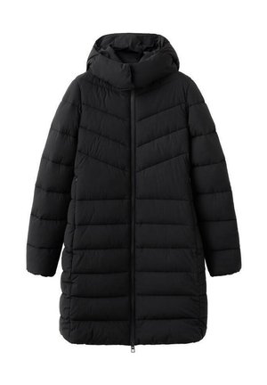 Black puffer coat with a hood, featuring a zip front and horizontal stitching pattern, is knee-length with a soft, insulated texture.