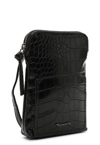 Sort faux læder crossbody taske med krokodilleskinds tekstur, lynlås lukning og en forlommer. Har en slank form og en aftagelig rem.