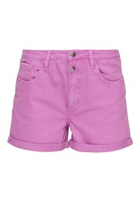 Shorts en denim rose avec un ourlet roulé, comportant deux poches avant et une fermeture par bouton. Texture lisse avec des détails de couture subtils.