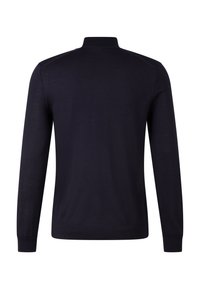 Dunkelblauer Pullover mit langen Ärmeln und hohem Kragen, aus einem glatten Strickmaterial gefertigt. Hat eine schmale Passform und ein minimalistisches Design.