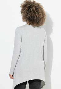 Hellgrau langärmliges Oberteil mit Rundhalsausschnitt und asymmetrischem Saum, aus weichem Stoff gefertigt, mit subtiler Textur und taillierten Ärmeln.