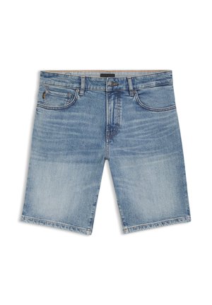 Shorts en denim bleu avec cinq poches, fermeture par bouton, et légère décoloration sur les cuisses avant et la partie supérieure de la taille.