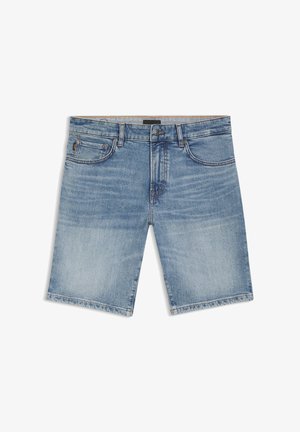 Shorts en denim bleu avec cinq poches, fermeture par bouton, et légère décoloration sur les cuisses avant et la partie supérieure de la taille.