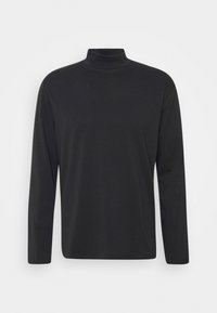 Schwarzer Langarmrollkragen aus glattem, dehnbarem Stoff. Verfügt über eine schmale Silhouette und ein einfaches, minimalistisches Design ohne zusätzliche Akzente.