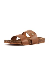 Brown leather slide sandals with two wide straps and a textured cork sole. Features a gold logo accent on the strap.