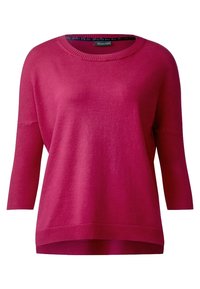 Fuchsia tröja med trekvartslång ärm, rund halsringning, ribbade ärmslut och nederkant. Slät yta, avslappnad passform och enhetlig färgdesign.