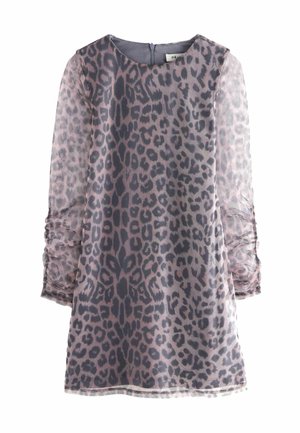 Genomskinlig klänning med långa, rynkade ärmar; har ett urblekt leopardmönster i beige och mörkgrått. Rund halsringning och bakre dragkedja.