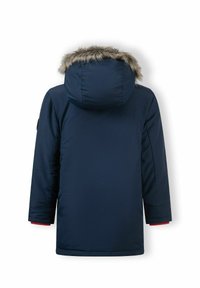 Navy blue padded coat with a detachable fur-trimmed hood, elastic cuffs, and red inner lining. Features a straight back design.