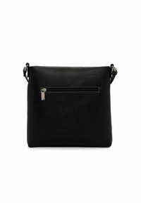 Borsa a tracolla nera in pelle con finitura texturizzata, dotata di una tasca anteriore con zip e una tracolla regolabile. Forma rettangolare.