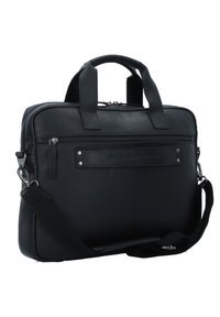 Musta nahkainen kannettavan tietokoneen laukku, jossa on kaksi yläkahvaa, säädettävä olkahihna, etupuolella vetoketjullinen tasku ja teksturoitu pinta. Sisältää hienovaraisen brändäysdetailin.