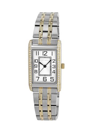 Silver and gold-tone metal watch with rectangular face, white dial, black Arabic numerals, and crystal accents on bezel. Link bracelet design.