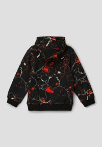 Schwarzer Hoodie mit einem marmorierten Muster in Rot, Weiß und Gold. Er verfügt über eine Kapuze sowie gerippte Bündchen und Säume.