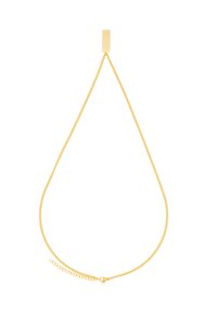 Goldene Kettenhalskette mit rechteckigem Anhänger. Verfügt über ein zartes Gliederdesign und einen Karabinerverschluss für sicheren Halt.
