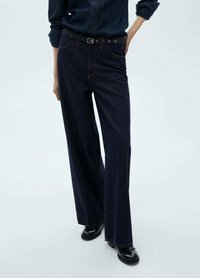 Dark denim wide-leg jeans with a high waist, featuring a belted design, five pockets, and slight stitching accents along the seams.