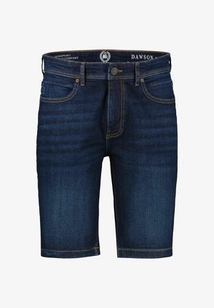 Dunkelblaue Jeansshorts mit einem verblassten Muster, standardmäßiges Fünf-Taschen-Design und genähten Akzenten aus kontrastierendem gelben Faden.