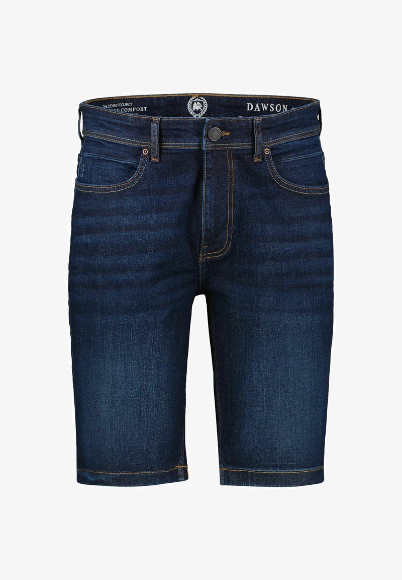 Denim shorts in dark blue with a faded texture, standard five-pocket design, and stitched accents in contrasting yellow thread.