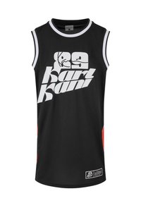 Juoda sportinė liemenė be rankovių su balta apdaila, dideliu baltu „Karl Kani“ logotipu ir grafika priekyje, bei mažu lopu šalia apačios.