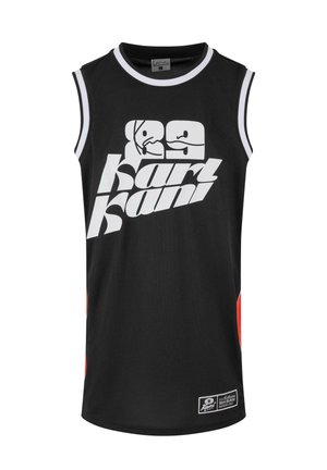 Melnā sporta topi bez piedurknēm ar baltu apmali, lielu baltu "Karl Kani" logotipu un grafiku priekšpusē, kā arī nelielu uzlīmi pie apakšmalas.