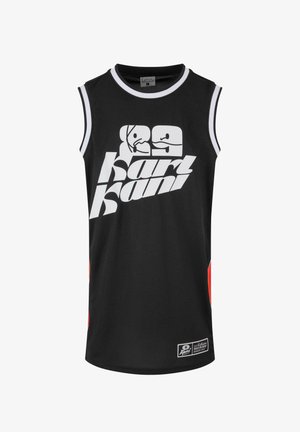 Melnā sporta topi bez piedurknēm ar baltu apmali, lielu baltu "Karl Kani" logotipu un grafiku priekšpusē, kā arī nelielu uzlīmi pie apakšmalas.
