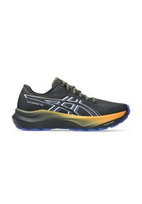Black running shoe with grey mesh upper, white and gold accents, and blue outsole. Cushioned sole designed for comfort and stability.