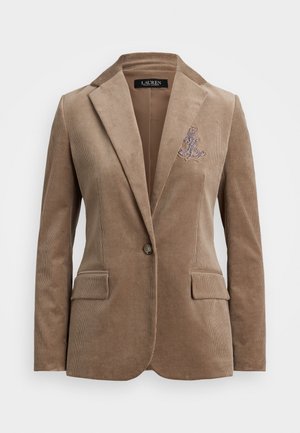 Bruine corduroy blazer met geknipte revers, twee voorkruiden, een enkele knoopsluiting en een decoratieve geborduurde accent op de borst.