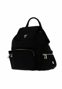 Sac à dos en nylon noir avec un rabat repliable, quincaillerie dorée, poches zippées avant et une poignée supérieure pour le transport. Doté de bretelles réglables.