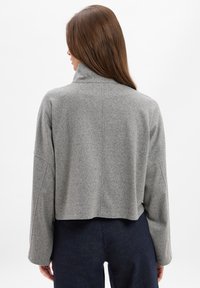 Graue Wollmischung Cropped-Jacke mit hohem Kragen und überschnittenen Schultern, mit einer subtilen Textur und nahtlosem Design.