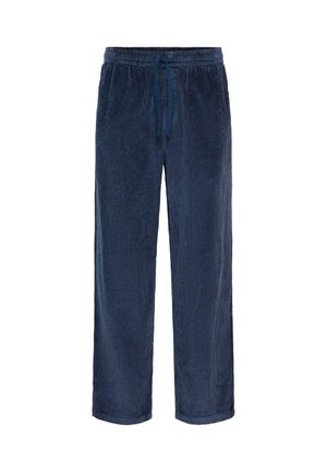Marineblaue Cord-Hosen mit elastischem Bund und Kordelzug, im geraden Schnitt, auf weißem Hintergrund präsentiert.