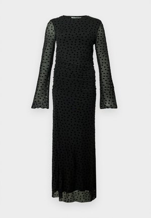 Must kleit pikkade läbipaistvate varrukatega, voltimisega detailides ja peene südamemustriga. Sile tekstuur ja põrandapikkune disain skarvilliste mansettidega.