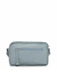 Borsa a tracolla in pelle azzurro chiaro con superficie texture, dotata di una tasca con cerniera sul davanti e tracolla regolabile.