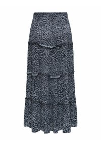 Μαύρη μακριά φούστα με μικρό λευκό ανθικό μοτίβο, με στρώσεις βολάν και ελαστική ψηλή μέση.