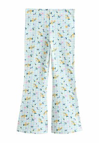 Pantaloni a zampa in tessuto azzurro chiaro con motivo floreale di fiori gialli e rosa su sfondo a quadretti. Tessuto liscio, vita elasticizzata.