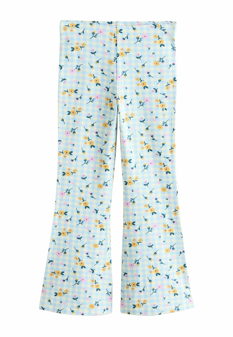 Pantaloni a zampa in tessuto azzurro chiaro con motivo floreale di fiori gialli e rosa su sfondo a quadretti. Tessuto liscio, vita elasticizzata.