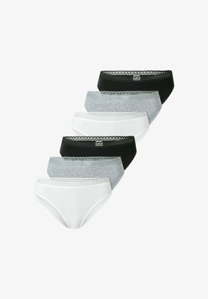 Conjunto de cinco braguitas para mujer en negro, blanco y gris. Con detalles de delicado encaje y material de mezcla de algodón. Diseño clásico tipo braguita.