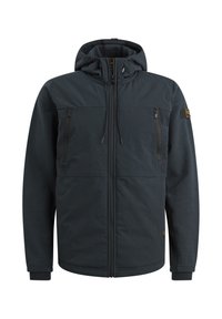 Donkerblauwe jas van gestructureerd materiaal, voorzien van een capuchon, ritszakken en elastische manchetten. Eenvoudig ontwerp zonder zichtbare patronen.