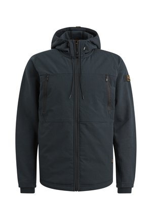 Donkerblauwe jas van gestructureerd materiaal, voorzien van een capuchon, ritszakken en elastische manchetten. Eenvoudig ontwerp zonder zichtbare patronen.